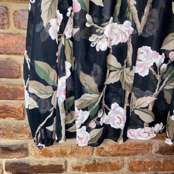 Rhoda Lee Vintage 70s Black Floral Button Down Sheer Long Sleeve Top Size 14 - Picture 3 of 5